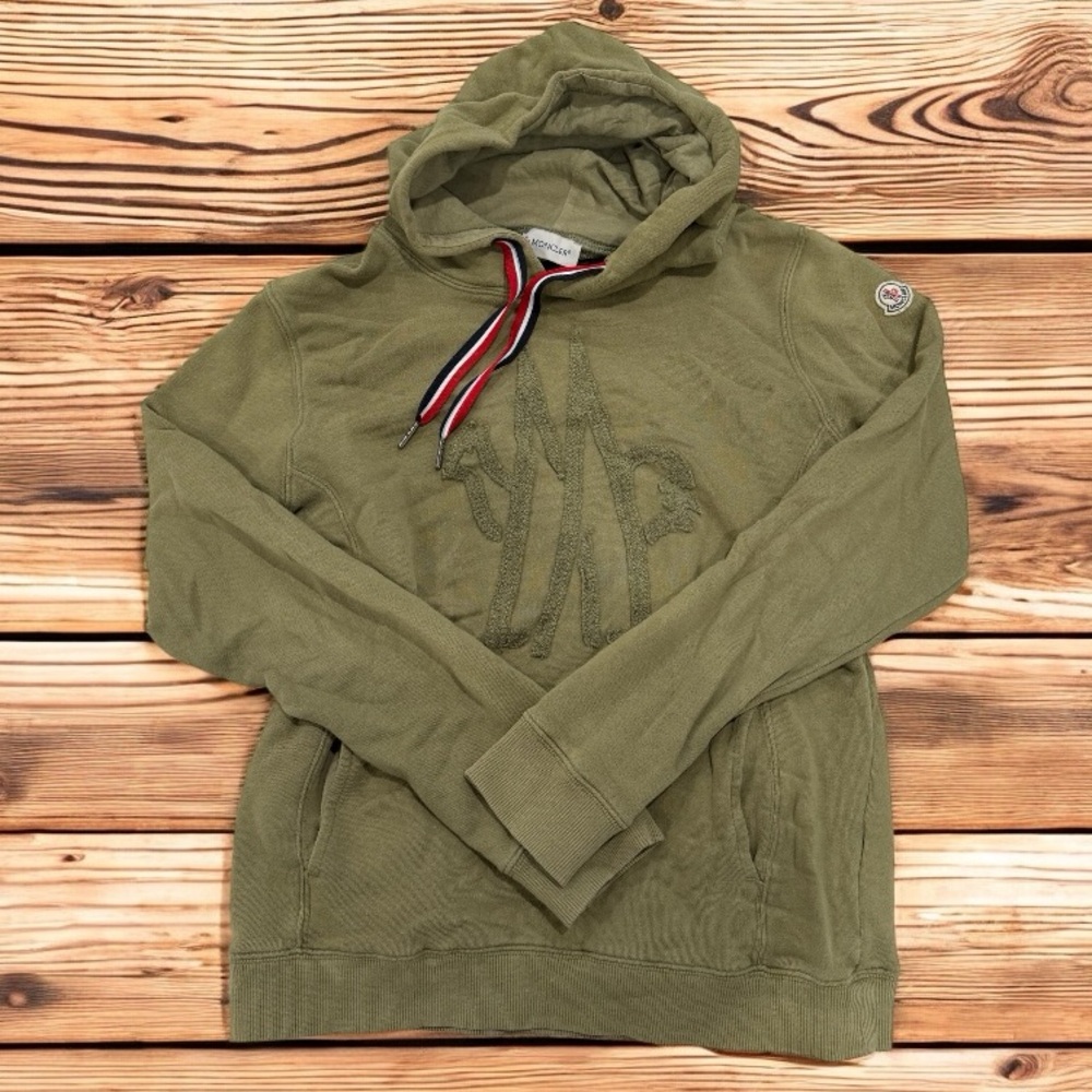 Moncler Olive Green Hooded Sweater with Tricolor Drawcord